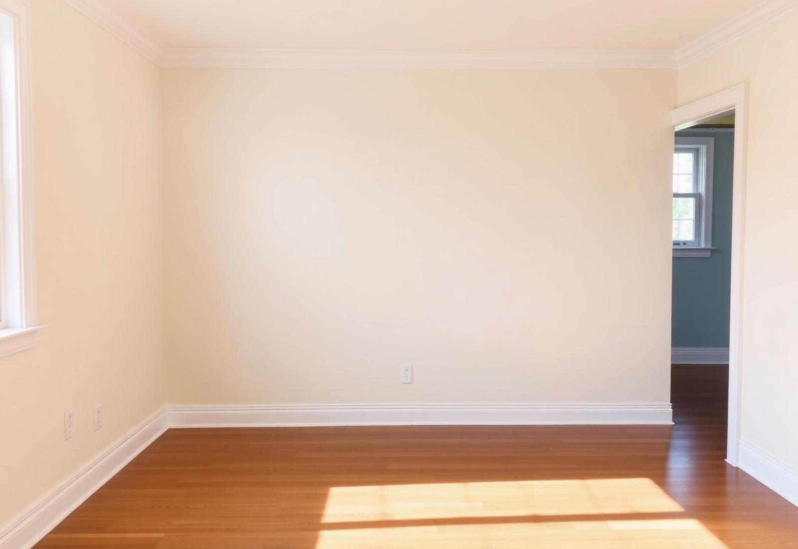 Living room corner after repair: smooth painted wall and new baseboard