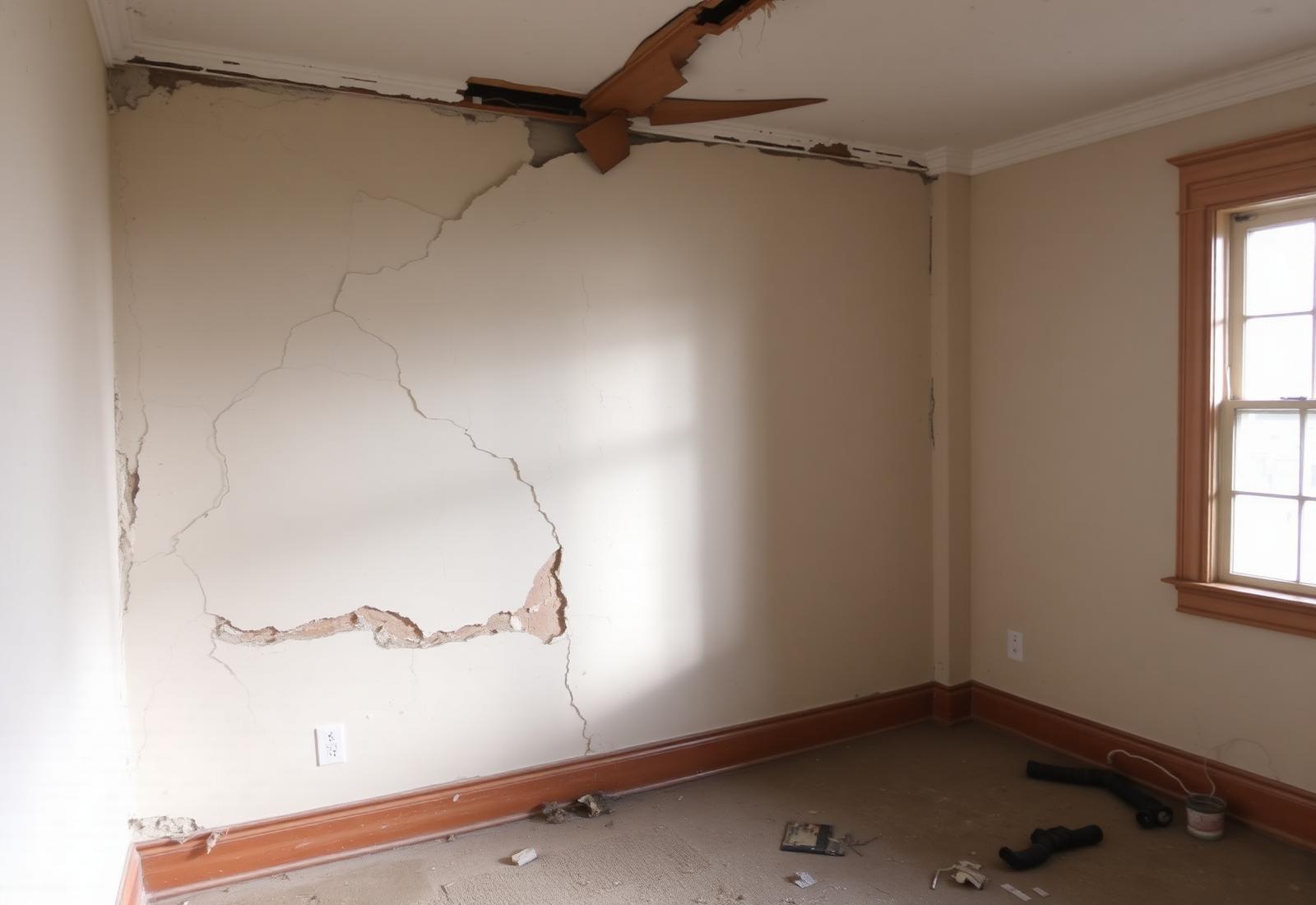 Living room corner before repair: cracked wall and damaged trim